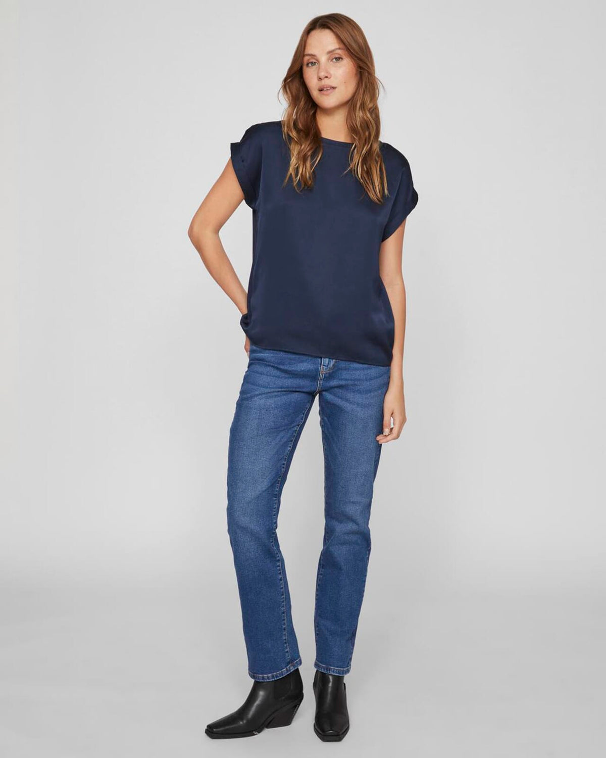VILA Topp Ellette S/S Satin  - Navy Blazer