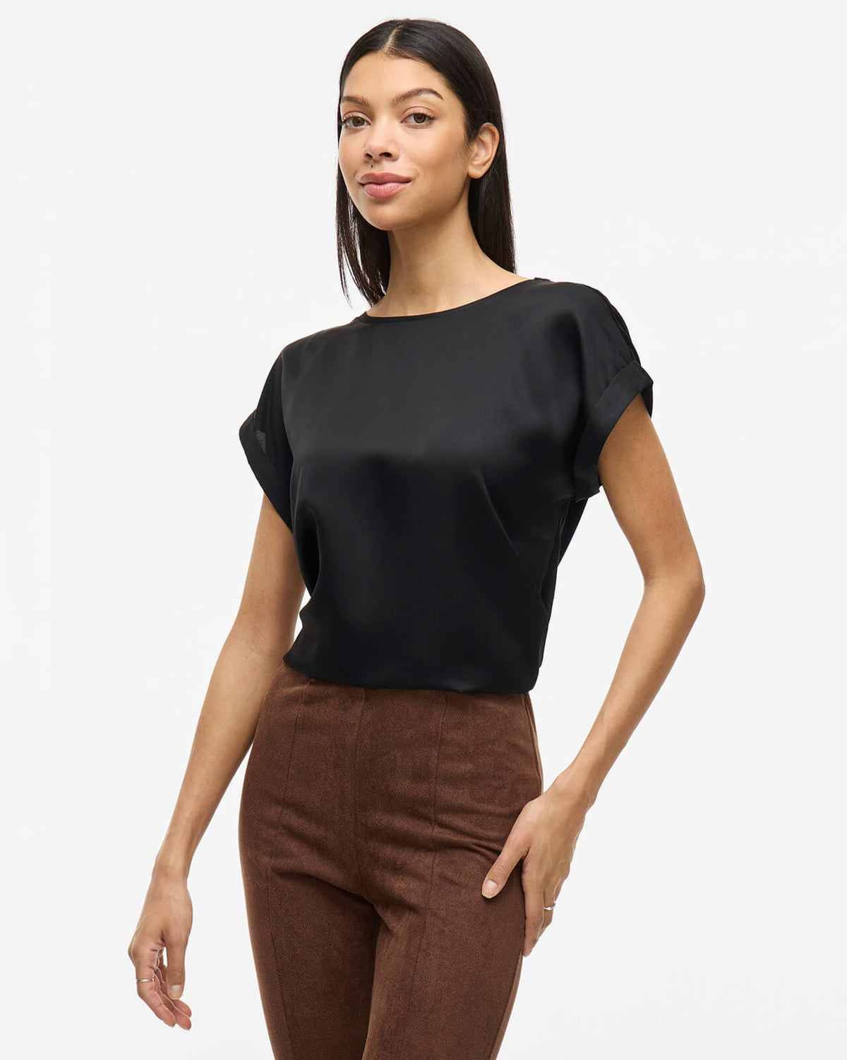 VILA Topp Ellette S/S Satin  - Black