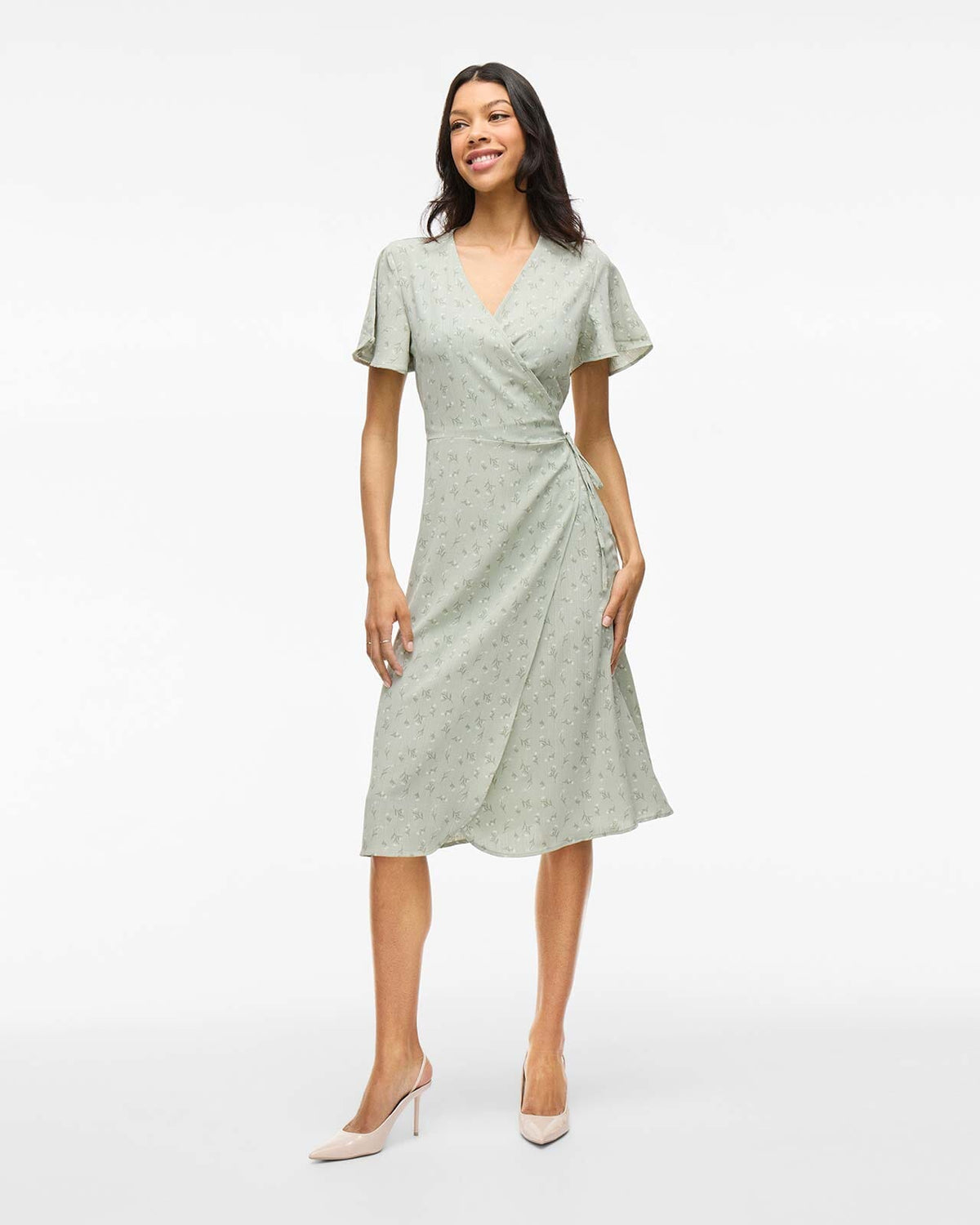VILA Omslagskjole Lovie S/S Wrap Midi - Desert Sage/ Flower