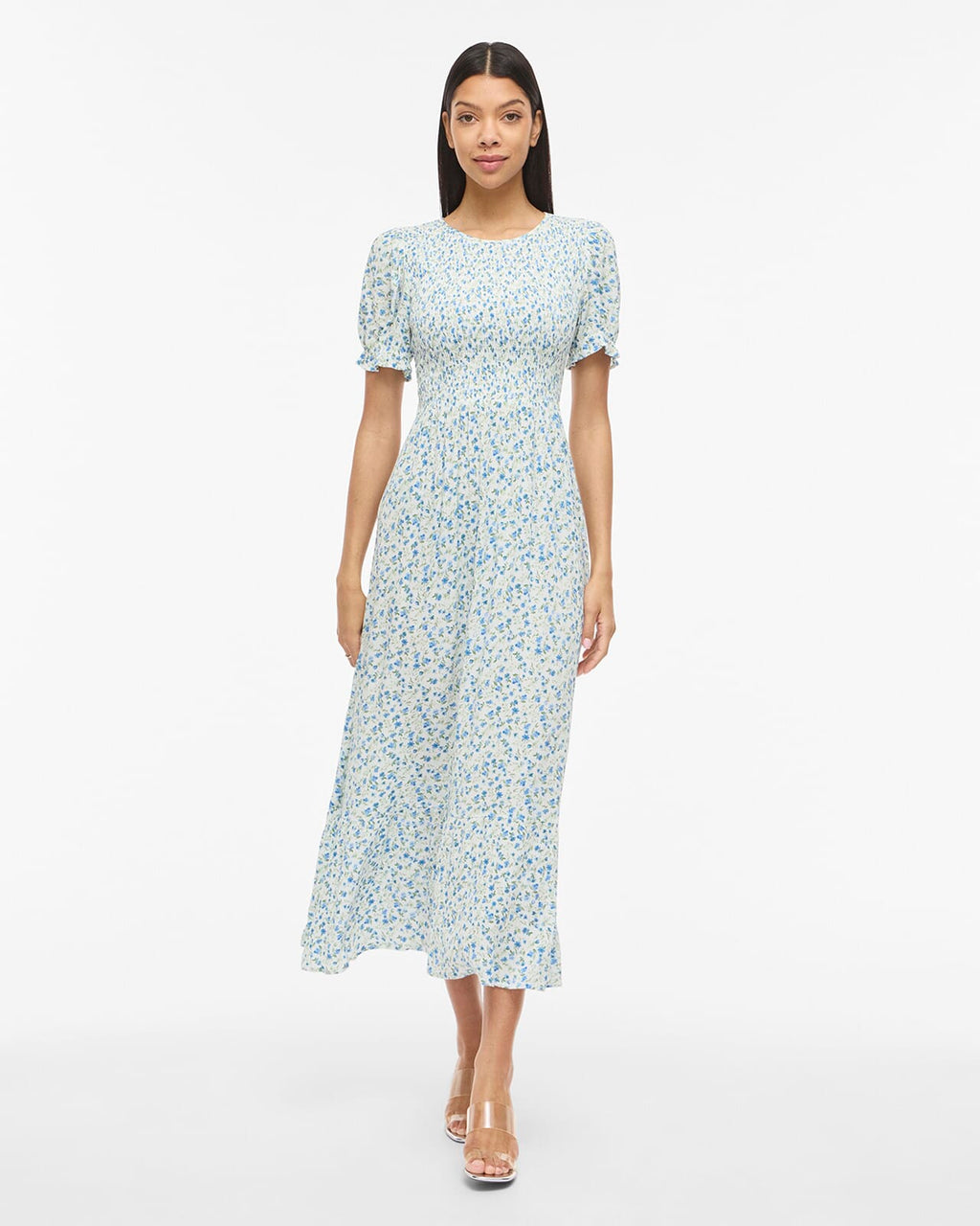VILA Midikjole Greis S/S O-neck Ankle - Snow White/ Blue Flowers