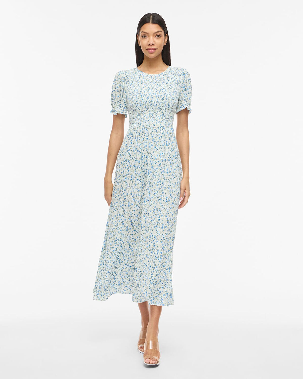 VILA Midikjole Greis S/S O-neck Ankle - Snow White/ Blue Flowers