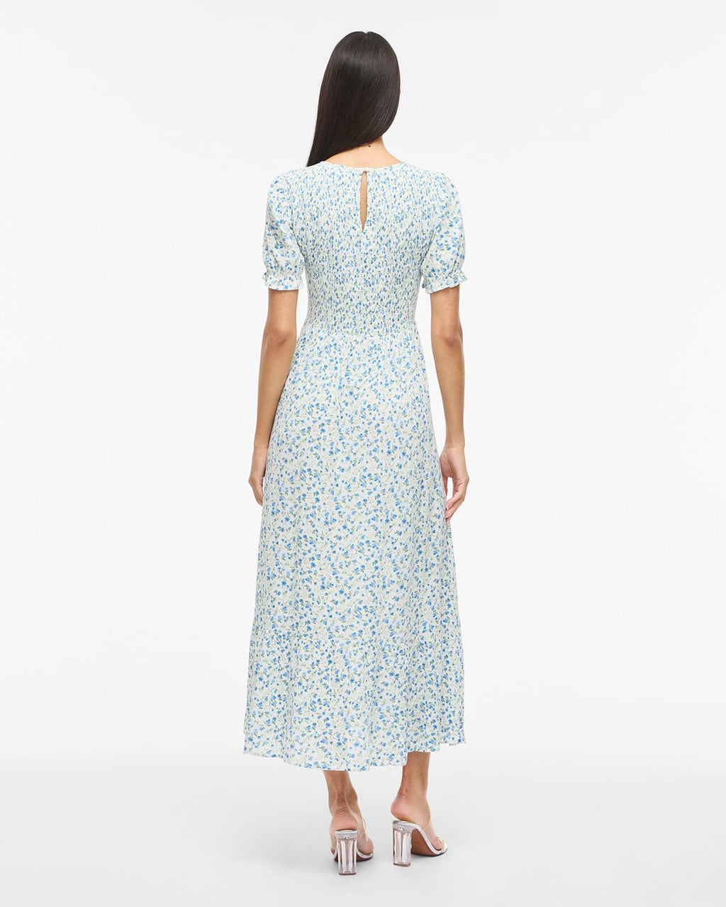 VILA Midikjole Greis S/S O-neck Ankle - Snow White/ Blue Flowers