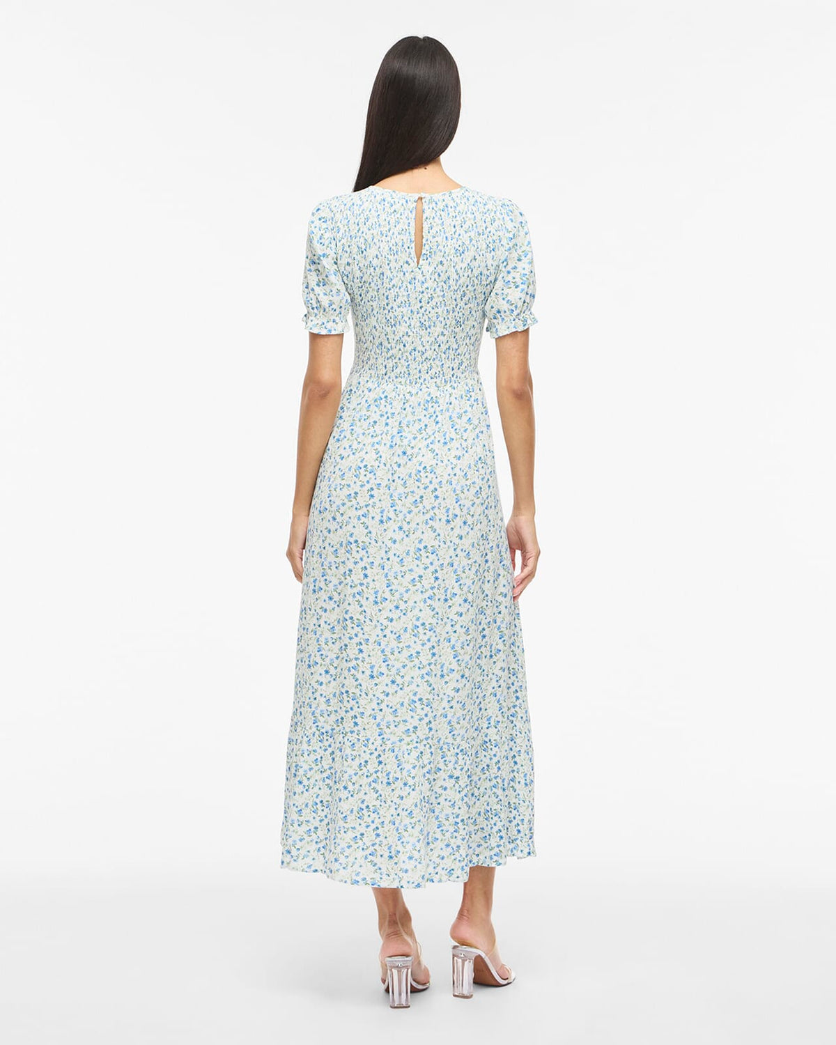 VILA Midikjole Greis S/S O-neck Ankle - Snow White/ Blue Flowers