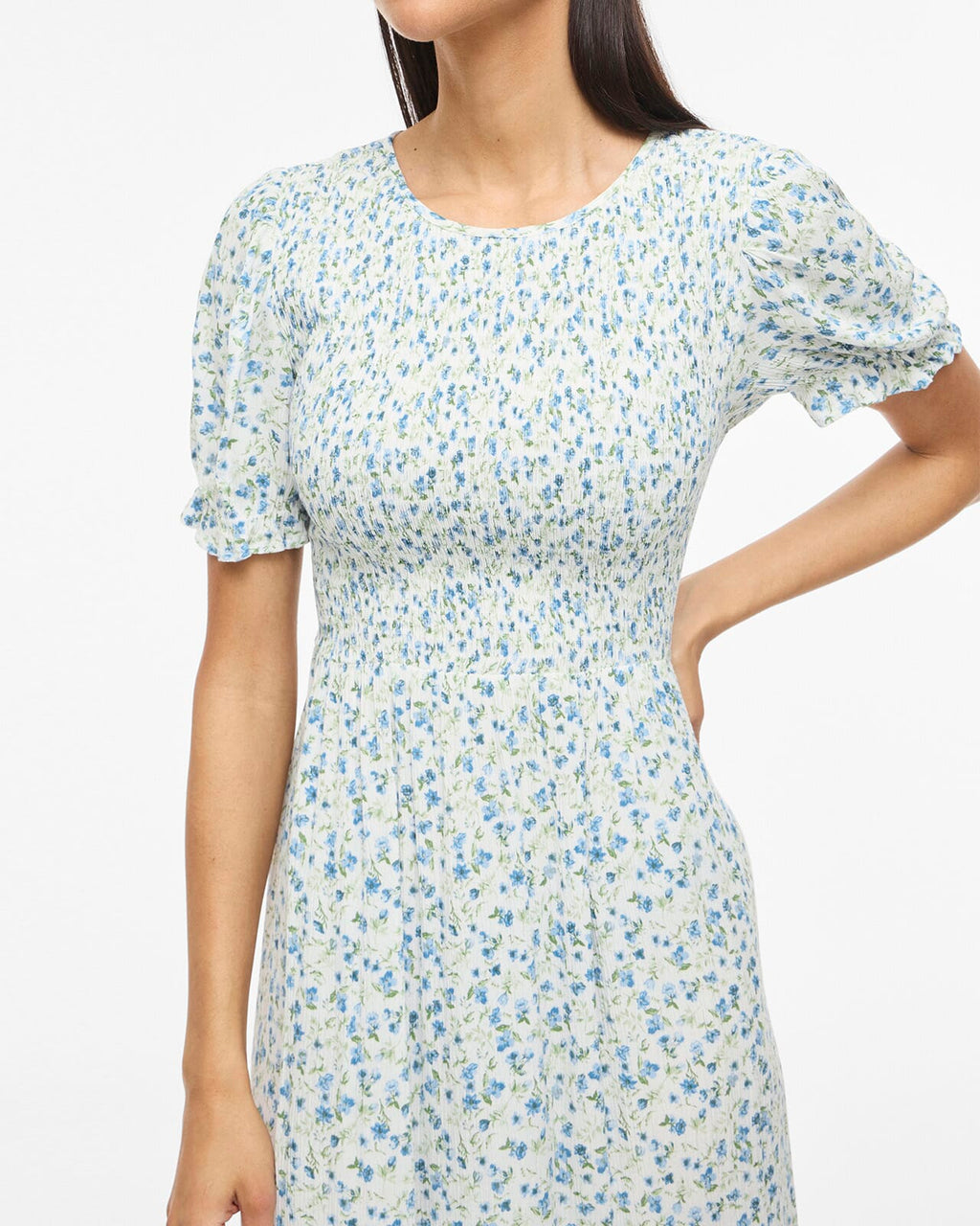 VILA Midikjole Greis S/S O-neck Ankle - Snow White/ Blue Flowers
