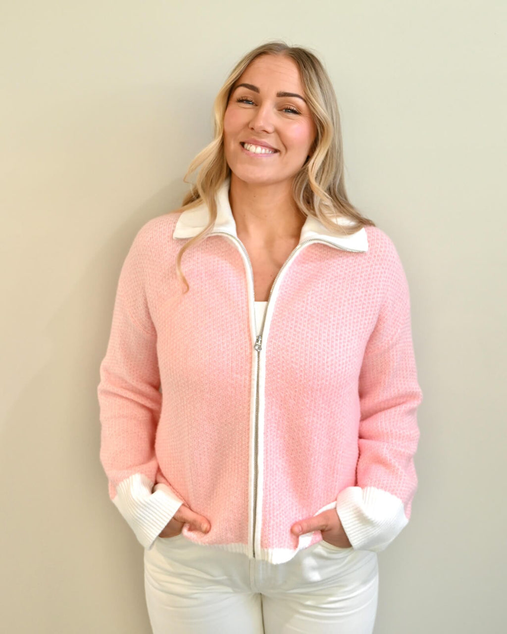 VERO MODA Strikket Cardigan Wollie Zip - Snow White/ Pink Dogwood