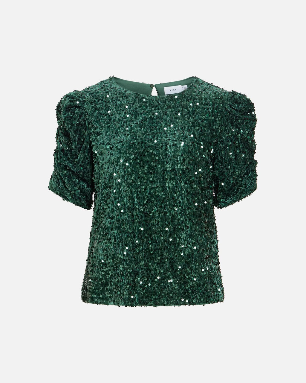 VILA Paljettopp Believe O-neck Puff Sequins - Pineneedle