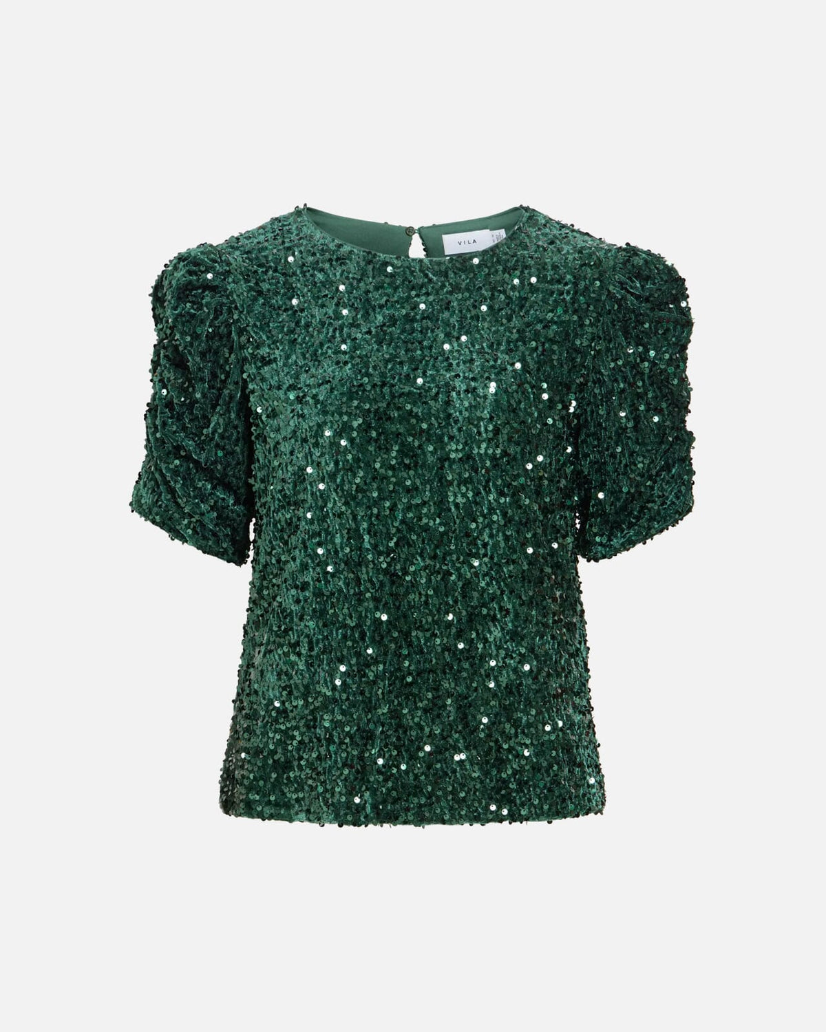 VILA Paljettopp Believe O-neck Puff Sequins - Pineneedle