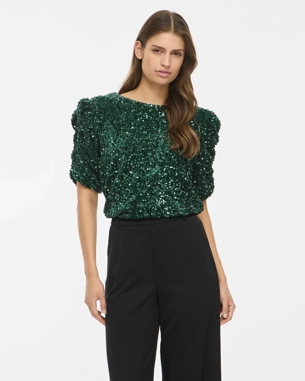 VILA Paljettopp Believe O-neck Puff Sequins - Pineneedle