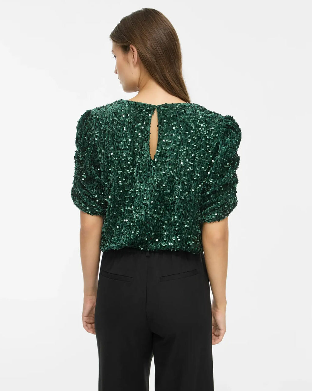 VILA Paljettopp Believe O-neck Puff Sequins - Pineneedle