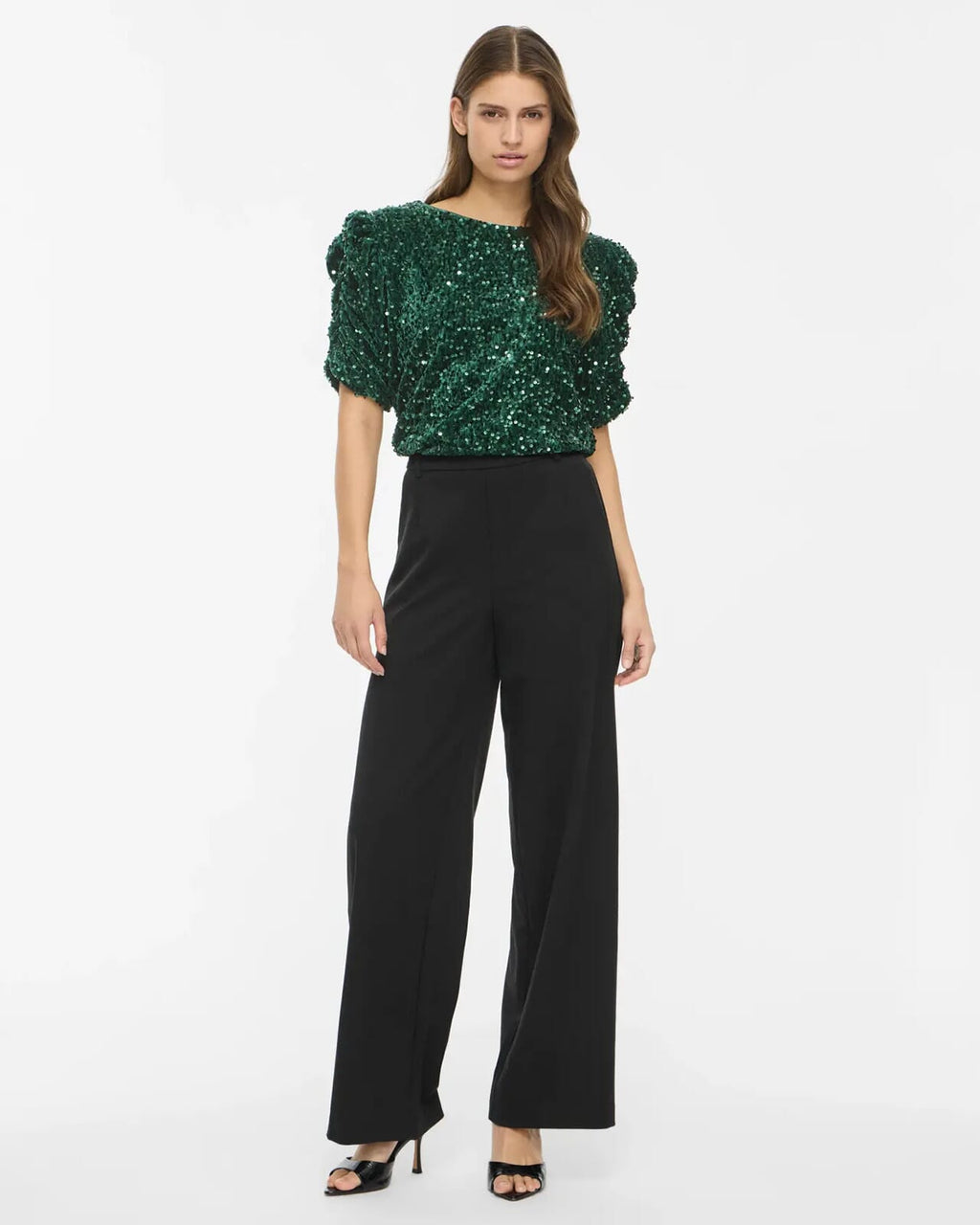 VILA Paljettopp Believe O-neck Puff Sequins - Pineneedle