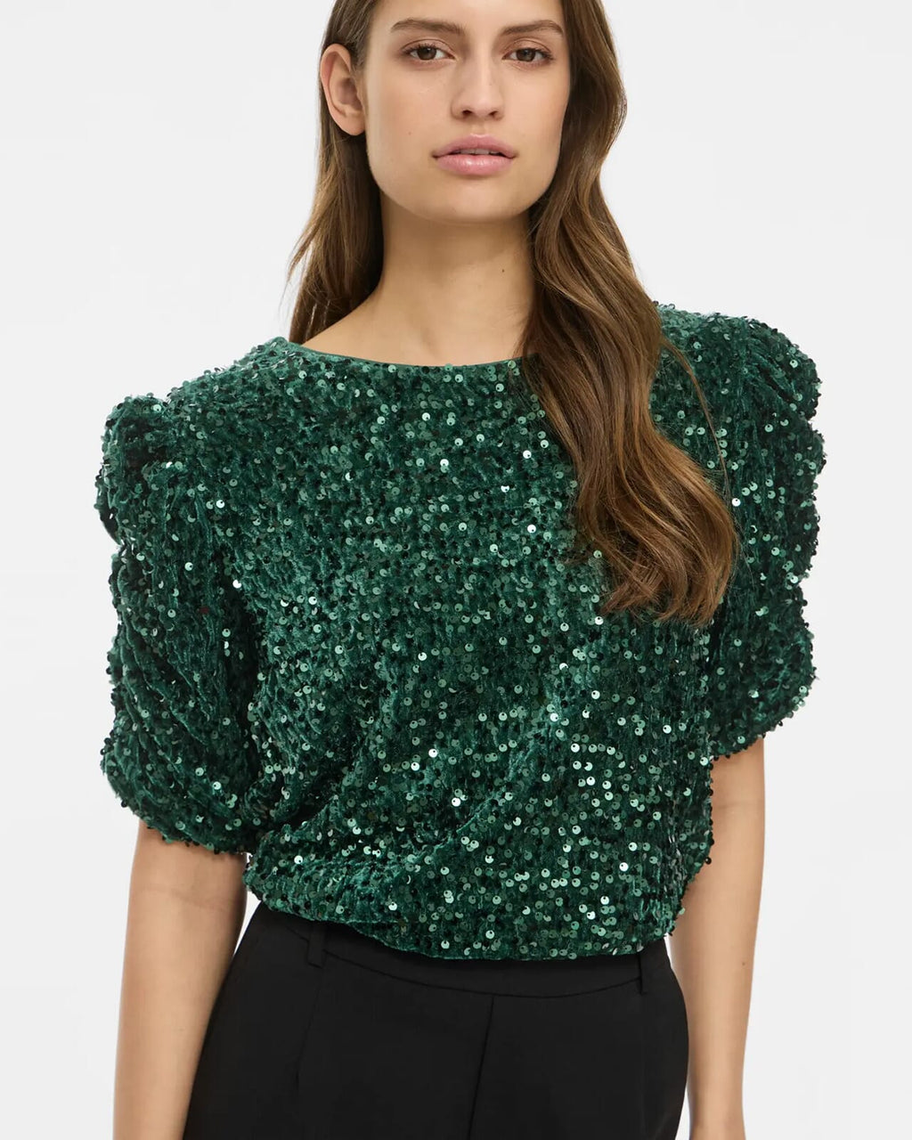 VILA Paljettopp Believe O-neck Puff Sequins - Pineneedle