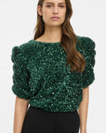 VILA Paljettopp Believe O-neck Puff Sequins - Pineneedle