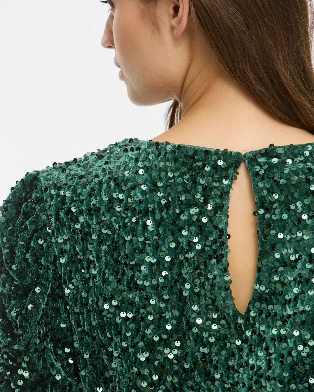 VILA Paljettopp Believe O-neck Puff Sequins - Pineneedle