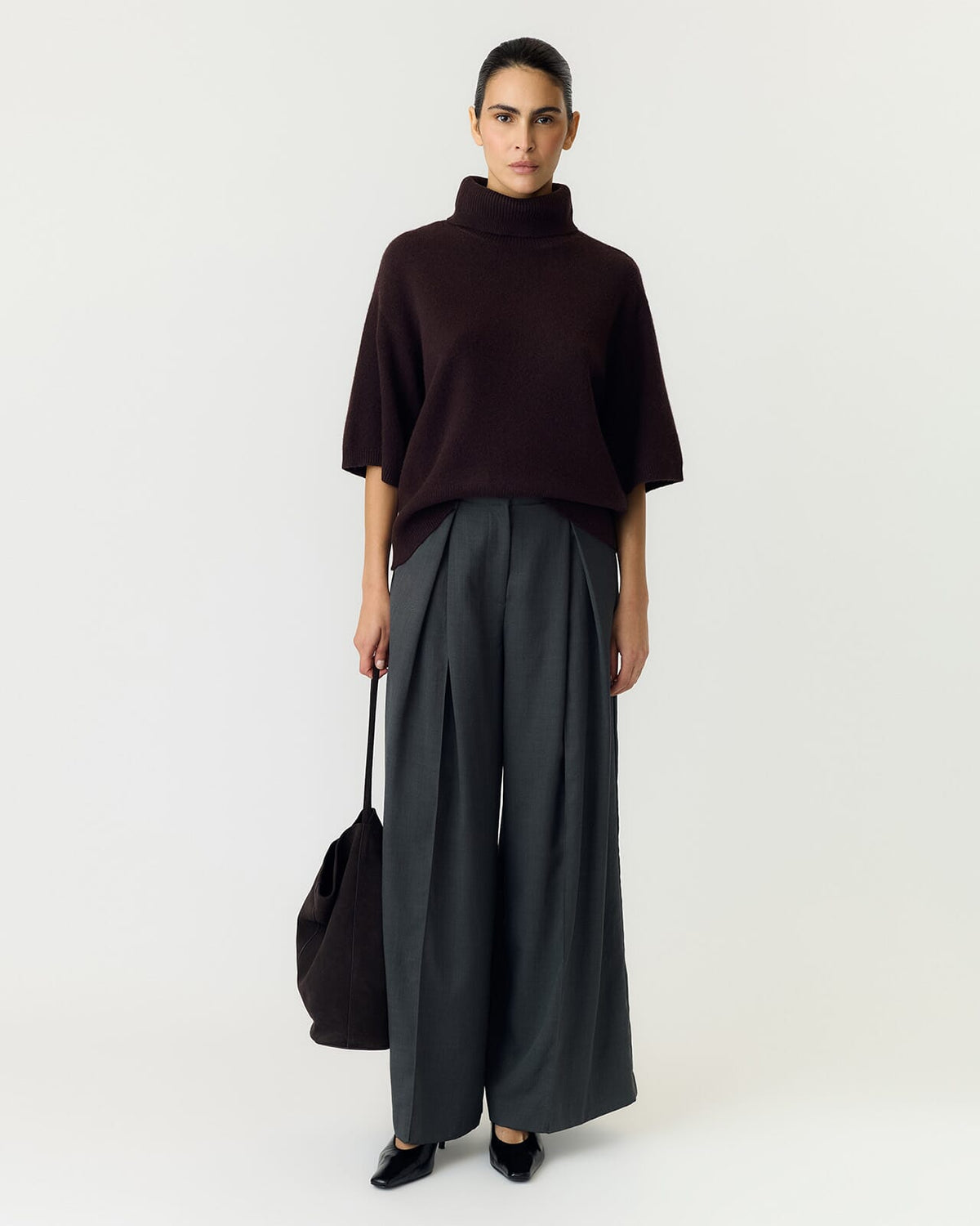 Y.A.S Strikket Topp Emila Ull 2/4 Wool Knit - Coffee Bean