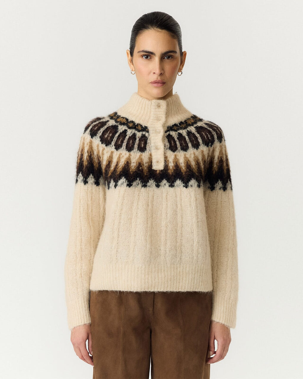 Y.A.S Strikkegenser Domina Ullmiks LS Wool Blend - Wood Ash/ Dijon/ Chocolate