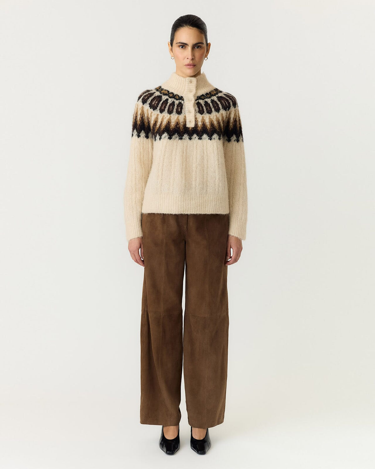 Y.A.S Strikkegenser Domina Ullmiks LS Wool Blend - Wood Ash/ Dijon/ Chocolate